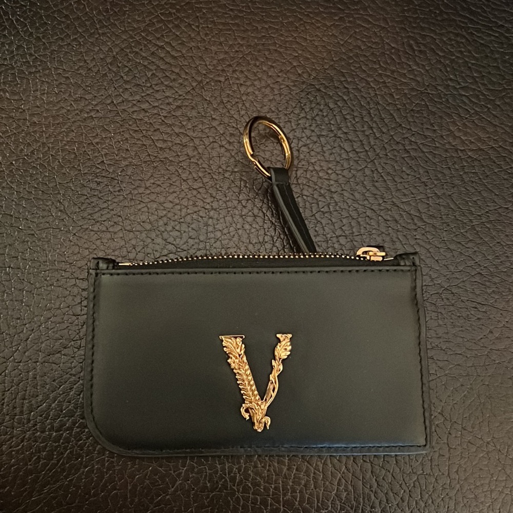 Versace unisex zip up keychain Virtus logo leather card holder wallet NWB - Picture 6 of 8